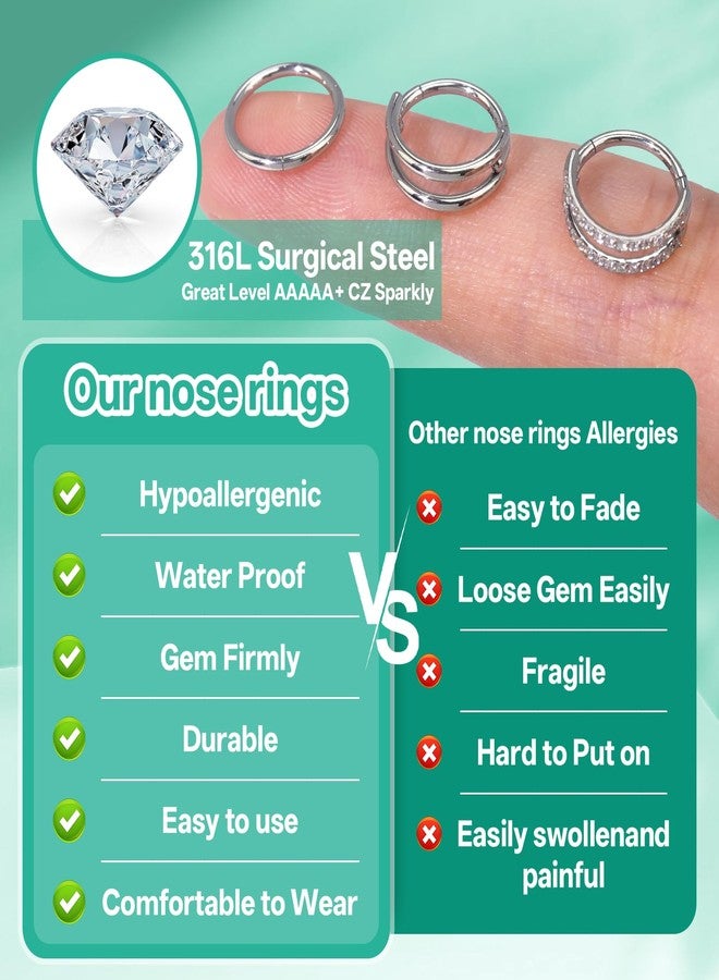 davka 3pcs Silver Nose Rings Hoops - Double Hoop Nose Ring 18G Hinged CZ Piercing Jewelry Septum Clicker Rings Cartilage Earring Rook Tragus Daith - Image 3
